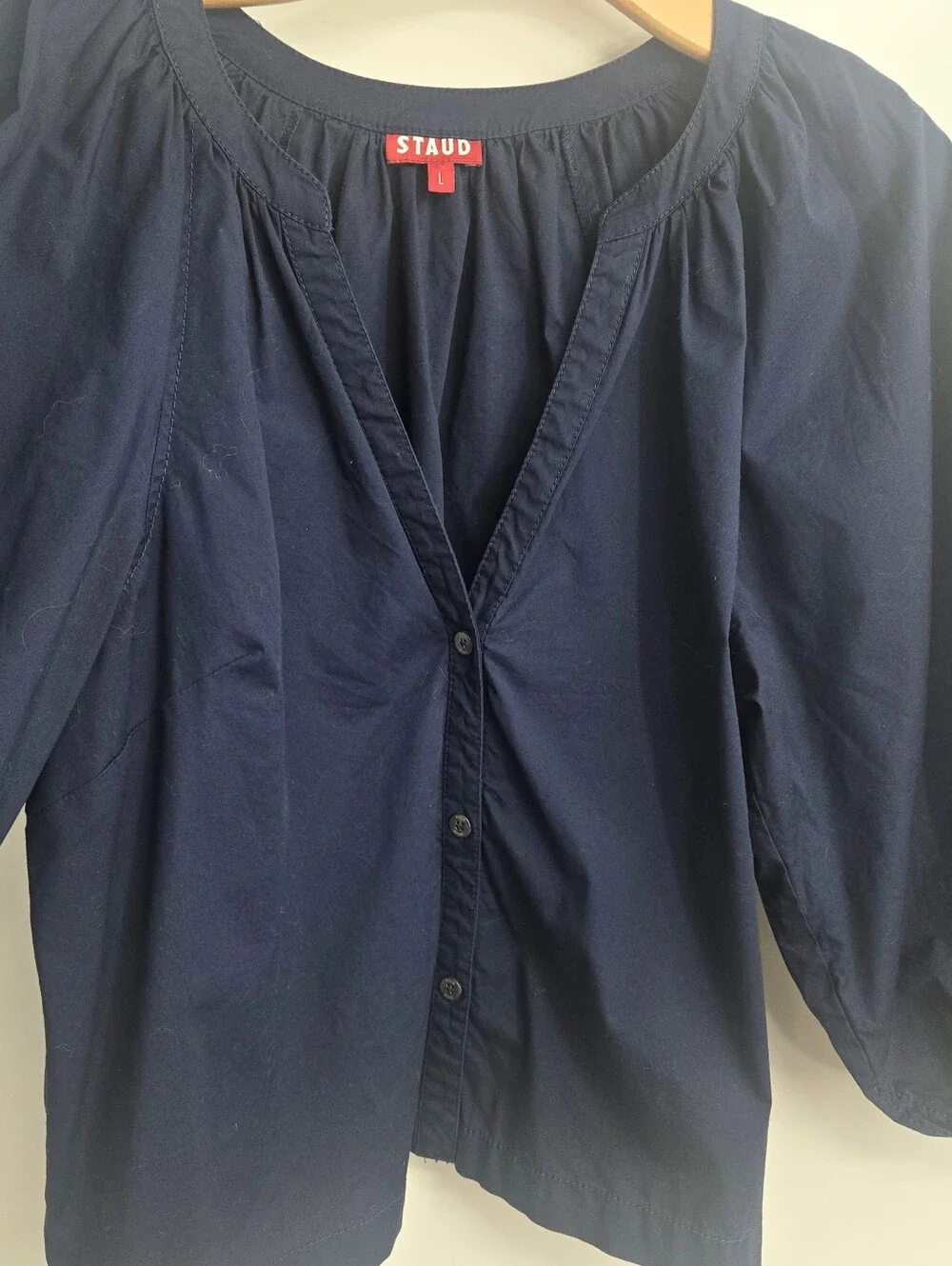 Staud Blouse Blue Cotton V-Neck Button Front Puff Sleeve